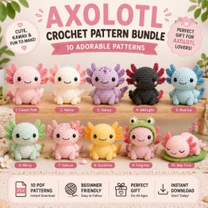 Könnte beinhalten: Ein digitales Häkelmuster-Paket mit 10 Axolotl-Designs. Das Bild zeigt 10 gehäkelte Axolotl-Figuren in verschiedenen Farben, darunter Rosa, Weiß, Lila, Schwarz, Blau, Mint, Gelb und eine Figur, die einen grünen Froschhut trägt.