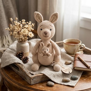 May include: A crocheted kangaroo plush toy in a light brown color, with a smaller joey in its pouch. The toy is sitting on a wooden tray with a linen cloth, next to a cup of tea and a notebook. A wooden tag reads "Handmade with Love."