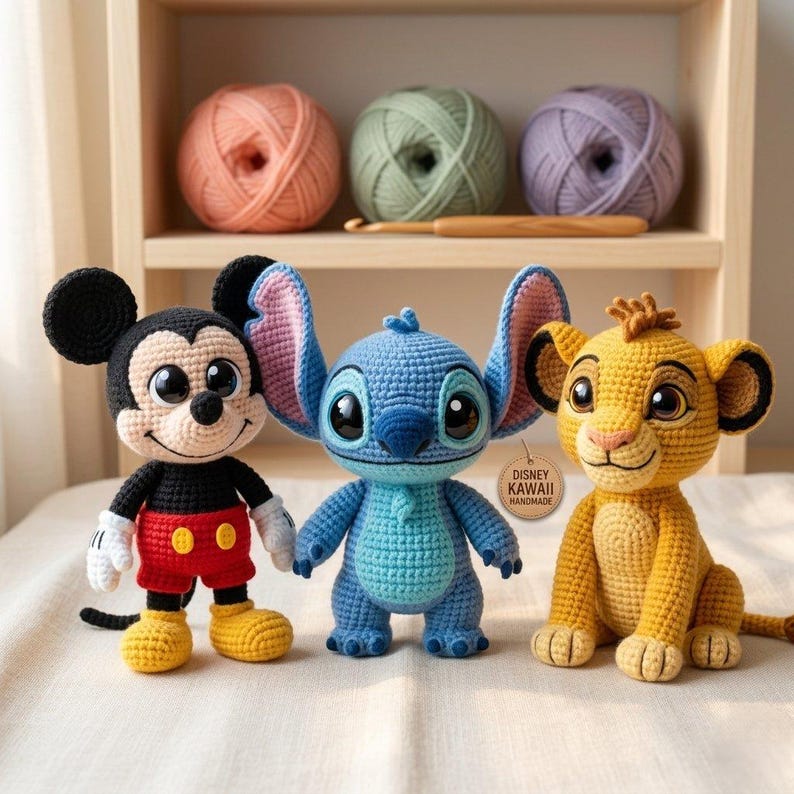 May include: Three handmade crochet amigurumi dolls featuring a black and white mouse, a blue alien with large ears, and a yellow lion cub. The blue doll has a round wooden tag attached that reads Disney Kawaii Handmade in black text.