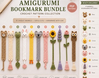 Pode incluir: Uma coleção digital de 11 padrões de crochê para marcadores de página amigurumi com animais e plantas, incluindo urso, gato, sapo, coelho, pintinho, coala, porco, girassol, lavanda, rosa e coruja, com etiquetas de texto e ícones numerados.