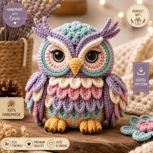 May include: A crocheted owl figurine featuring a purple, teal, pink, and cream color palette. The owl has large black eyes, a yellow beak, and yellow talons. The body is covered in layered, petal-like feathers, and it has prominent ear tufts.