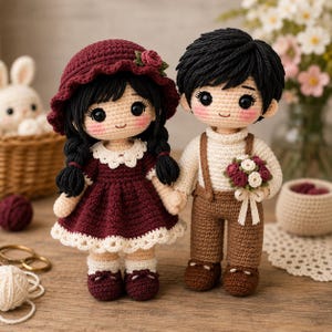 May include: Two handmade crochet dolls, a couple, stand side-by-side. The girl doll wears a burgundy dress and hat with a flower, and the boy doll wears brown pants and suspenders, holding a bouquet. Both dolls have black hair and rosy cheeks.