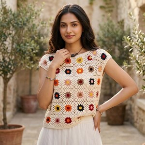 May include: A cream-colored crochet top with colorful floral patterns. The top has short sleeves and a round neckline. The floral patterns include red, orange, yellow, and pink. The model is wearing a white skirt.