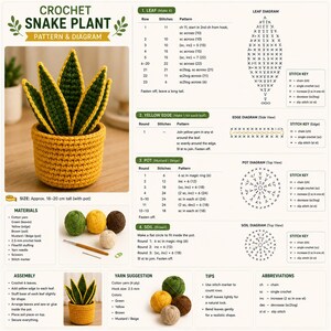 May include: A crochet pattern for a snake plant featuring a mustard yellow pot and green leaves with yellow edges. The document includes detailed row-by-row instructions, stitch diagrams, a materials list, and assembly steps for a 18-20 cm tall project.