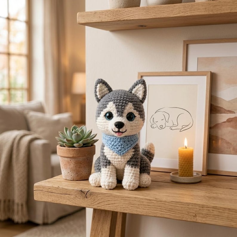 Pode incluir: Um c&atilde;o husky de croch&ecirc; feito &agrave; m&atilde;o com fio cinza e branco, usando uma bandana azul. O brinquedo de pel&uacute;cia est&aacute; em uma superf&iacute;cie de madeira, ao lado de uma suculenta em vaso e uma ilustra&ccedil;&atilde;o de cachorro emoldurada. Uma vela acesa tamb&eacute;m est&aacute; presente.