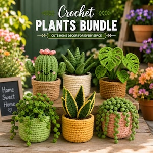 Könnte beinhalten: Eine Sammlung von sechs gehäkelten Pflanzen in verschiedenen Töpfen. Das Set enthält einen lächelnden Kaktus mit rosa Blüte, eine Sukkulente, eine Monstera, eine Bogenhanf-Pflanze und zwei Hängepflanzen. Text: Crochet PLANTS BUNDLE CUTE HOME DECOR FOR EVERY SPACE.