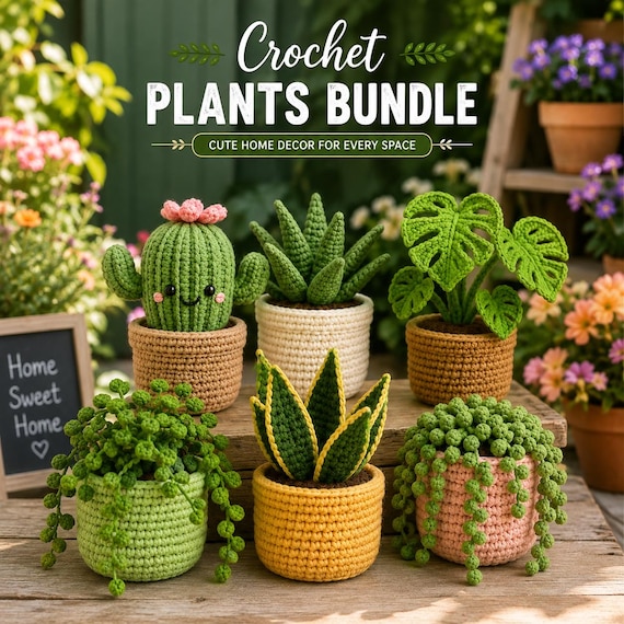 Crochet Plant Pattern Bundle PDF, Succulent Cactus Monstera Amigurumi Patterns, DIY Mini Plant Decor, Instant Digital Download