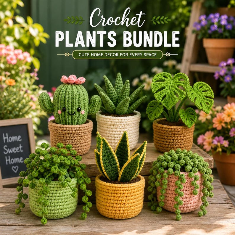 May include: A collection of six crocheted plants in various pots. The set includes a smiling cactus with a pink flower, a succulent, a monstera, a snake plant, and two trailing plants. Text reads: Crochet PLANTS BUNDLE CUTE HOME DECOR FOR EVERY SPACE.
