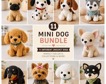 Paquete de 11 patrones de miniperros a crochet en PDF, colección de cachorros amigurumi, tutoriales de animales a crochet, descarga instantánea, idea de regalo.