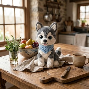 Pode incluir: Um c&atilde;o husky de croch&ecirc; com fio cinza e branco, usando uma bandana azul. O animal de pel&uacute;cia feito &agrave; m&atilde;o est&aacute; em uma mesa de madeira com uma t&aacute;bua de cortar, uma x&iacute;cara e uma tigela de frutas. O fundo inclui uma janela e uma parede de pedra.