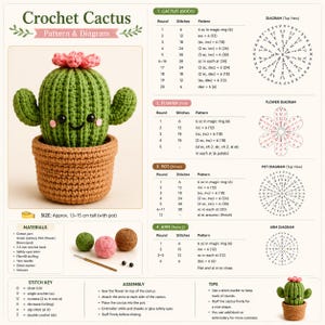 May include: A crochet pattern for a green cactus with a pink flower in a brown pot. The document includes written instructions, stitch diagrams for the body, flower, pot, and arms, a materials list, assembly steps, and a stitch key for reference.