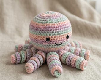 Crochet Octopus Amigurumi Plush Toy, Pastel Rainbow Knitted Stuffed Ocean Animal for Preemie Baby Shower Gift, Cute Nursery Decor Doll