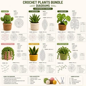 May include: A digital instructional guide titled Crochet Plants Bundle Diagrams featuring six patterns for crocheted plants including a cactus, succulent, monstera, string of pearls, snake plant, and trailing plant, with stitch keys and yarn suggestions.