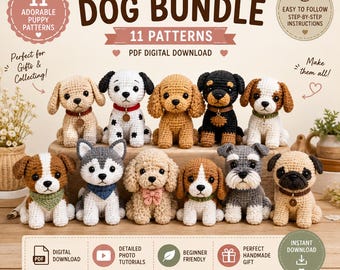 Pacote com 11 padrões de crochê de cachorros, tutoriais de cachorrinhos em amigurumi (download em PDF)