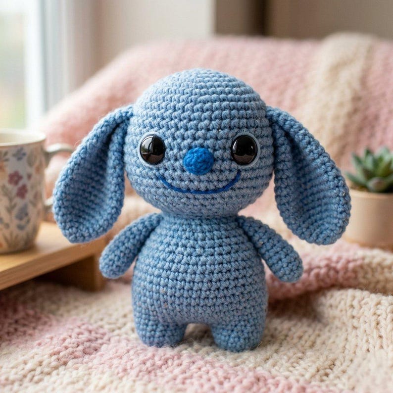 May include: A light blue crochet plush toy featuring a round head, long floppy ears, and a small round nose. The creature has large, glossy black eyes and a stitched smile. The body is compact with short arms and legs, crafted from yarn.