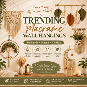 May include: A collection of macrame wall hangings featuring a large triangular piece, five leaf-shaped ornaments, a circular tree of life design, a crescent moon with a star, and a hanging planter. Text includes TRENDING Macrame WALL HANGINGS.