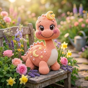 Könnte beinhalten: Ein gehäkeltes Dinosaurier-Spielzeug in Pfirsichfarbe mit einem lächelnden Gesicht, großen Augen und einem Mond- und Sternenmuster. Der Dinosaurier sitzt auf einer Holzbank, umgeben von Blumen, darunter Rosen und Lavendel.