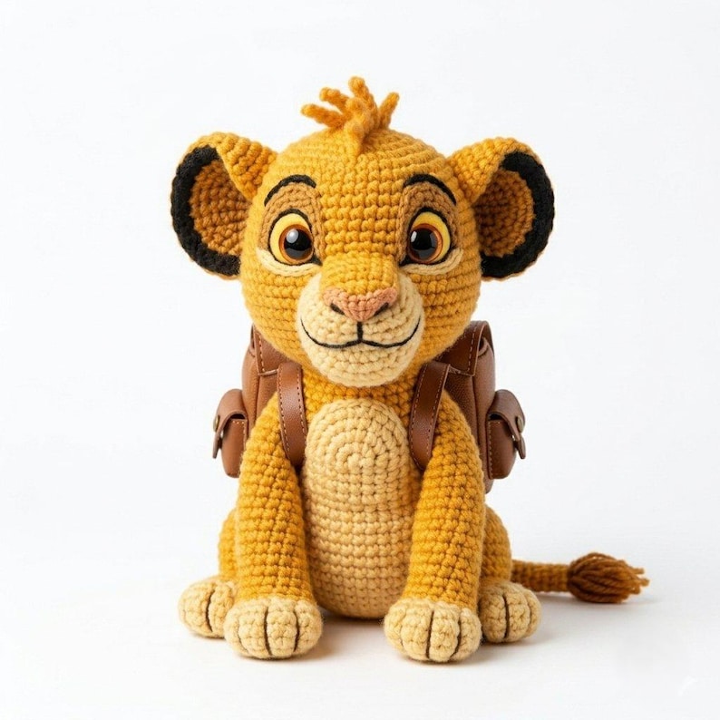 May include: A crocheted lion cub plush toy with golden yellow yarn, large brown eyes, and black-tipped ears. The lion cub is wearing a small brown faux leather backpack with side pockets and straps, featuring a textured, handmade yarn construction.