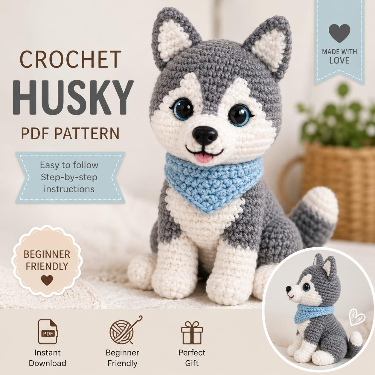 39 Husky Crochet Patterns for Plushies, Loveys, Cup Cozies, and Handmade Gifts 1 Crochet Husky Realistic Amigurumi Dog Tutorial