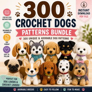 Paquete de más de 300 patrones de ganchillo para perros / Paquete PDF de amigurumi (descarga instantánea)