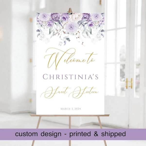 Sweet 16 Birthday Welcome Sign, Personalized Custom Sweet Sixteen Sign, Lavender, Violet, Purple, Greens & Gold Printed 16th Birthday sign