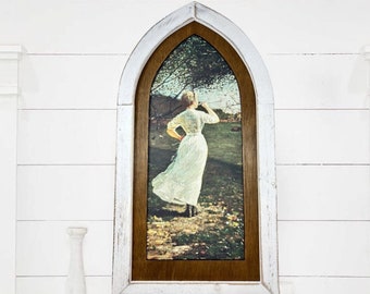 Spring decor, Farmhouse, Rustic, Arched Window, Linen Wood, Vintage Cottage, French Chic, Cottagecore