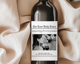 Regalo de aniversario personalizado para esposo/esposa, etiqueta de botella con impresión de noticias personalizada, primer aniversario, novio o novia.