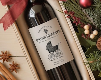 Anuncio de embarazo: ¡Van a ser abuelos! Etiqueta de vino, anuncio personalizado para revelar la fecha del bebé
