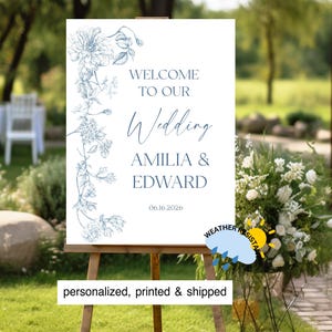 Letrero de bienvenida para boda, ceremonia o recepción, de tela azul polvoriento vintage, personalizado, impreso y enviado.
