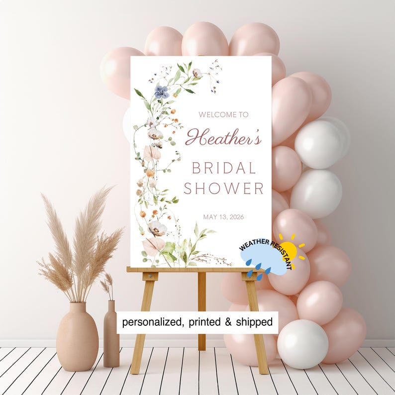 Wildflower Bridal Shower Welcome Sign: Personalized, Printed and Shipped image 1