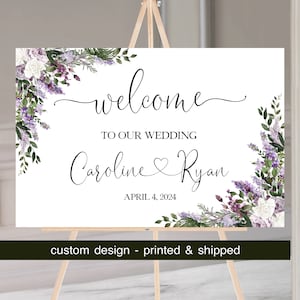 Lavender Purple Wedding Welcome Sign, Personalized Custom Wedding Sign, Printed Wedding sign, Lilac and Dark Greens