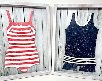 Summer Decor, Vintage Swimsuit Wall Art, Retro Bathing suits, Beach House Wall Art, Lake House Decor, wooden