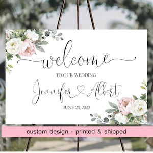 Beloved floral Wedding Welcome Sign, misty pink and white Roses,Personalized Custom Wedding Sign, Printed Wedding sign