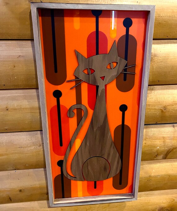 Atomic Cat Wall Art Mid Century Modern Art Retro Cat Bright Etsy