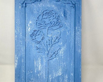 French farmhouse decor, country cottage, blue wood wall panel, wood flower, spring decor, Denim