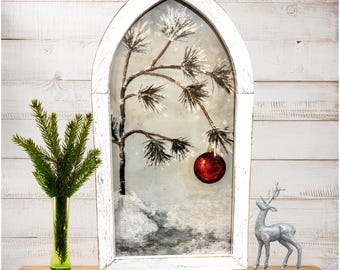 Framed Charlie Brown Style Christmas Tree Art, Minimalist Holiday Wall Decor, Rustic Winter Print, Cozy Seasonal Framed Artwork