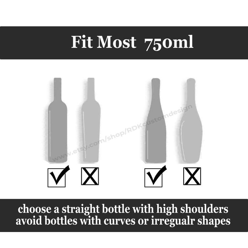 K&ouml;nnte beinhalten: Eine Illustration mit vier grauen Weinflaschen-Silhouetten mit H&auml;kchen und X-Markierungen. Der Text "Fit Most 750ml" steht oben. Der Text unten lautet "W&auml;hlen Sie eine gerade Flasche mit hohen Schultern, vermeiden Sie Flaschen mit Kurven oder unregelm&auml;&szlig;igen Formen."