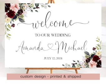 Wedding Welcome Sign, Personalized Custom Wedding Sign, Printed Wedding sign, Burgundy and Blush Rose with Greenery