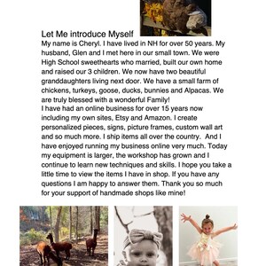 May include: A woman introduces herself and her family farm business. She creates personalized pieces, signs, picture frames, custom wall art, and more. She ships items all over the country. The image shows a family farm with alpacas, turkeys, and a baby girl.