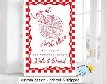 Cartel de bienvenida para la cena de ensayo de pizza, Amor a primera rebanada, Personalizado, impreso y enviado