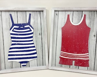 Vintage Swimsuit Wall Art, Wooden Framed, Beach House Wall Art, Lake House Decor, Bathing Suit Wall Art, Beach Art