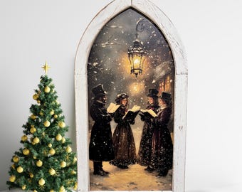 Framed Carolers Winter Wall Art, Singing in the Snow Print, Cozy Holiday Decor, Christmas Framed Artwork, Rustic Winter Home Decor
