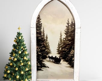 Framed Winter Sleigh Art, Horse-Drawn Sleigh in Snowy Forest, Rustic Holiday Wall Decor, Cozy Christmas Framed Print