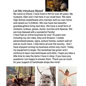 May include: A woman introduces herself and her family farm business. She creates personalized pieces, signs, picture frames, custom wall art, and more. She ships items all over the country. The image shows a family farm with alpacas, turkeys, and a baby girl.