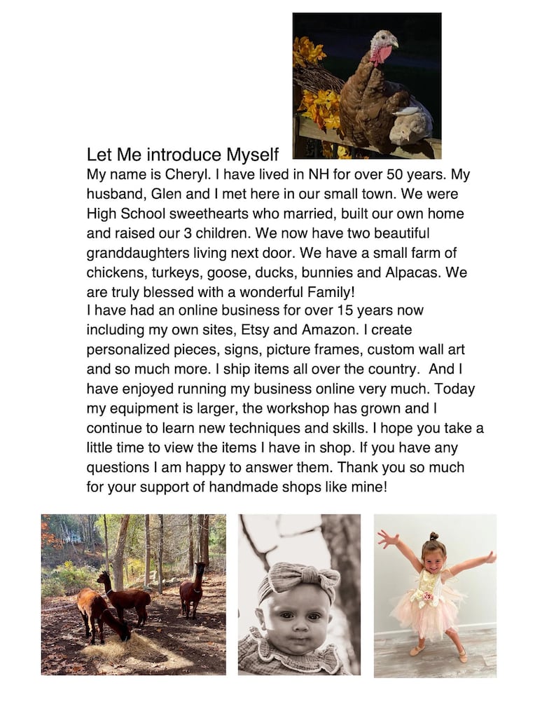 May include: A woman introduces herself and her family farm business. She creates personalized pieces, signs, picture frames, custom wall art, and more. She ships items all over the country. The image shows a family farm with alpacas, turkeys, and a baby girl.