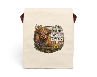 Lancheira de lona com ilustração de vaca hipster | Não é meu pasto, não é minha besteira
