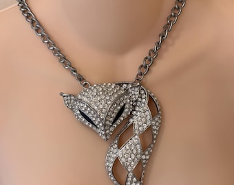 Statement Fox Necklace, Pavé Rhinestone, Black Enamel Eyes, Silver-Plated Brass