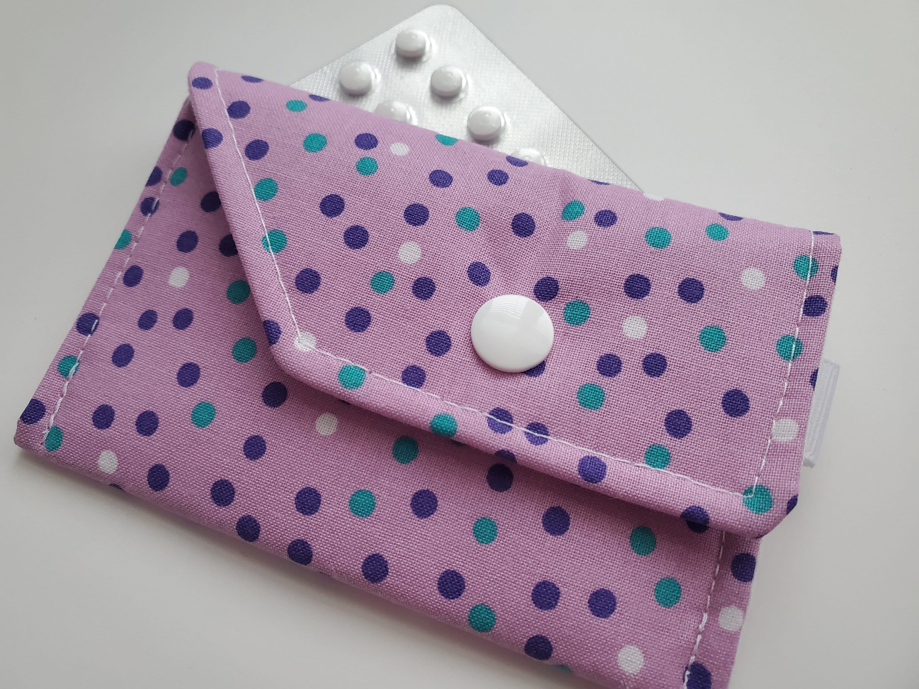 Birth Control Case Sleeve with Snap Closure and Optional Keychain Clip Purple dots