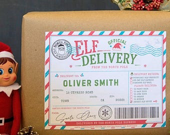 Editable Elf Delivery Sticker Printable, Personalized North Pole Package Label, Christmas Arrival Box Decal, Canva Template, Surprise Kids