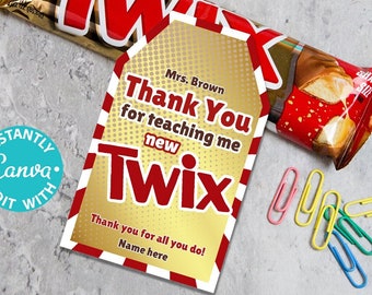 Twix Thank You Gift Tag Printable Teacher Appreciation Week Nurse Assistant Staff Driver Teaching New Twix Pun Chocolate Bar Editable Favor